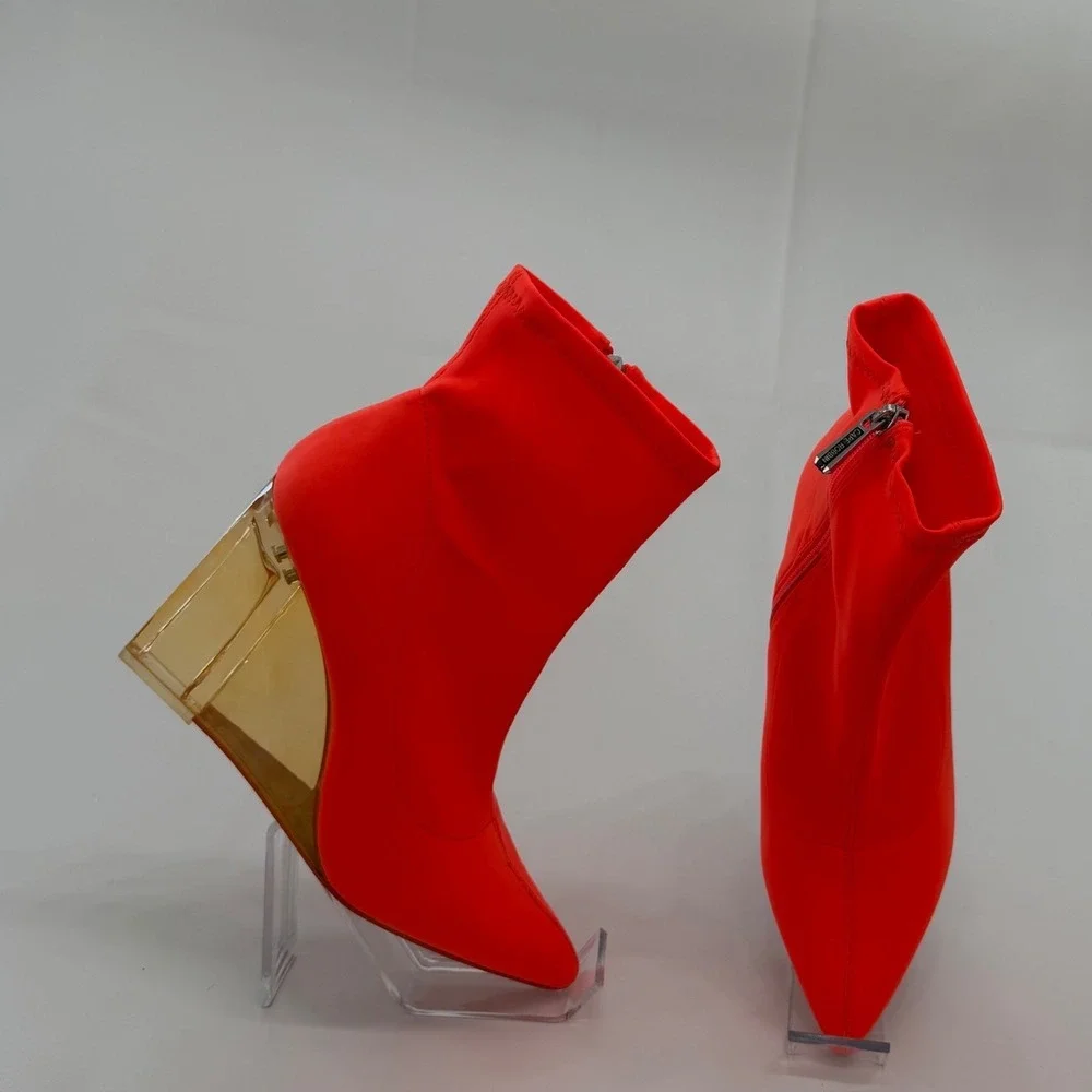 Cape Robbin Red Stretch Fabric Ankle Booties with Gold Wedge Heel